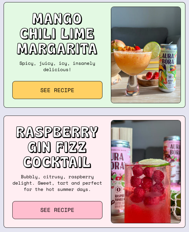An advertisement for Aura Bora's Mango Chili Lime Margarita and Raspberry Gin Fizz cocktail made with their sparkling water, promoting their unique flavors and cocktail recipes