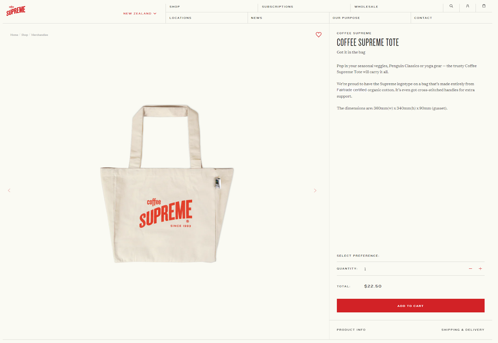 A Coffee Supreme branded tote bag made from Fairtrade certified organic cotton, displayed on the brand's merchandise page on their website
