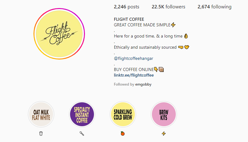 Flight Coffee's Instagram profile showcasing their total posts and follower count, indicating their social media presence and popularity.