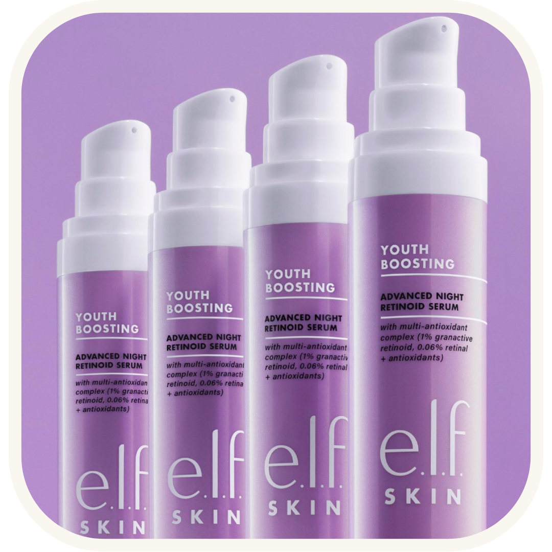 Four bottles of e.l.f Skin Youth Boosting Advanced Night Retinoid Serum, a skincare product designed to rejuvenate and protect the skin during sleep.