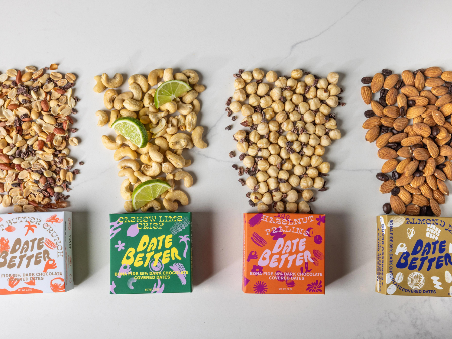 Four boxes of Date Better, a brand offering nutrient-dense snacks made from dates, lined up next to each other, representing the product's placement in the consumer packaged goods industry