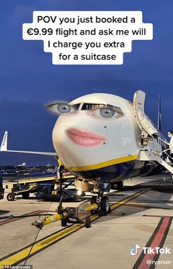 A humorous image of a Ryanair airplane with cartoonish eyes and lips drawn on the front, symbolizing the brand's unique and cheeky voice in their marketing strategy.