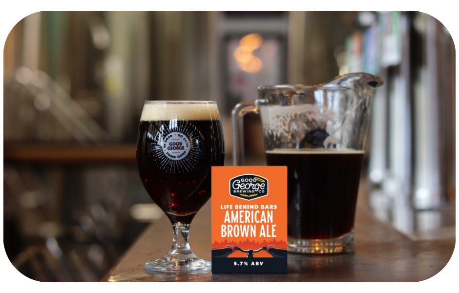 A glass of American Brown Ale beer next to a pitcher, representing a product from Good George Brewing's social media campaign