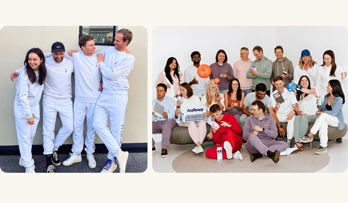 A group of Tracksuit team members standing and sitting together, celebrating their company's growth and recent funding round in 2023