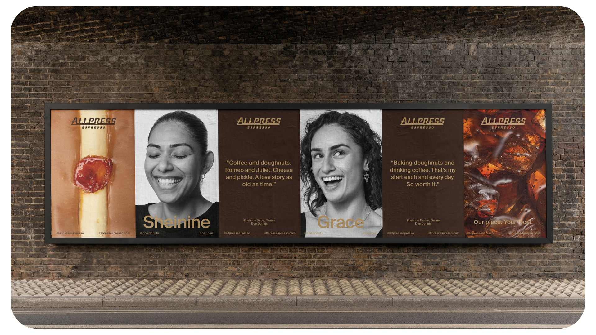 Four promotional posters for Allpress Espresso, each featuring a different individual associated with the brand, displayed on a brick wall.