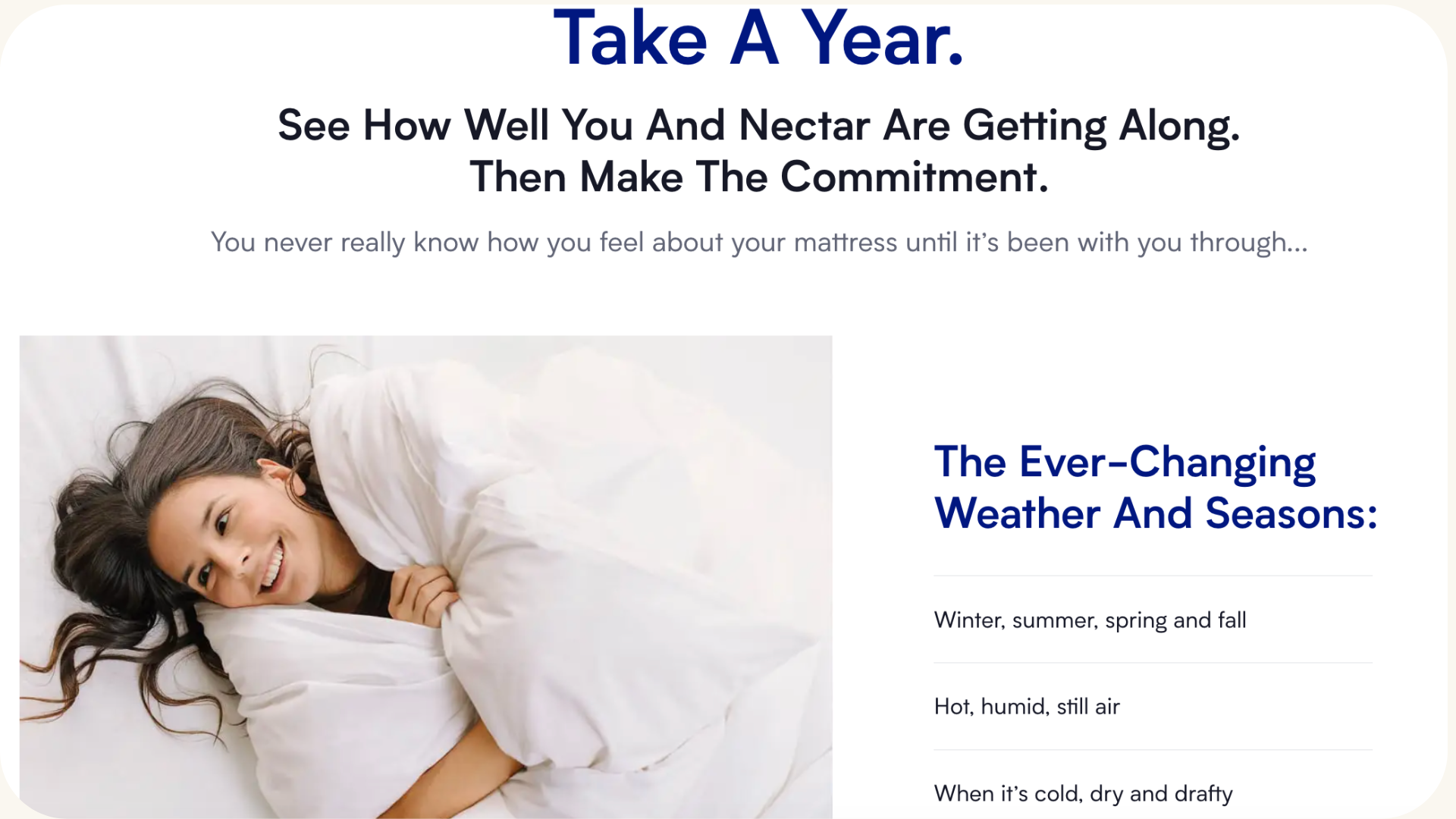 A woman relaxing on a bed, symbolizing the comfort and quality of direct-to-consumer furniture brands, with the text 'take a year' above her, indicating the extended trial periods offered by these brands
