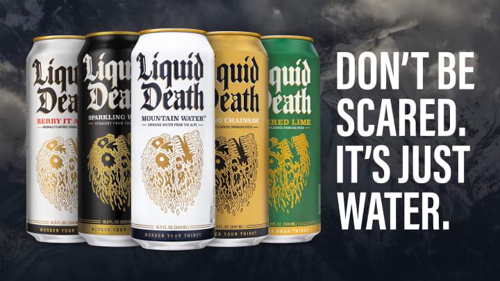 Five cans of Liquid Death water with the tagline 'Don't be scared it's just water', illustrating the unique brand voice of the company as discussed in the article about creating an effective brand voice.