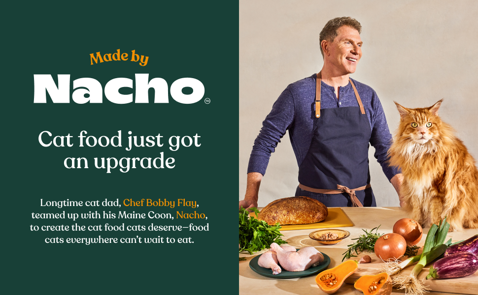 An advertisement for Made By Nacho cat food featuring a man and a cat