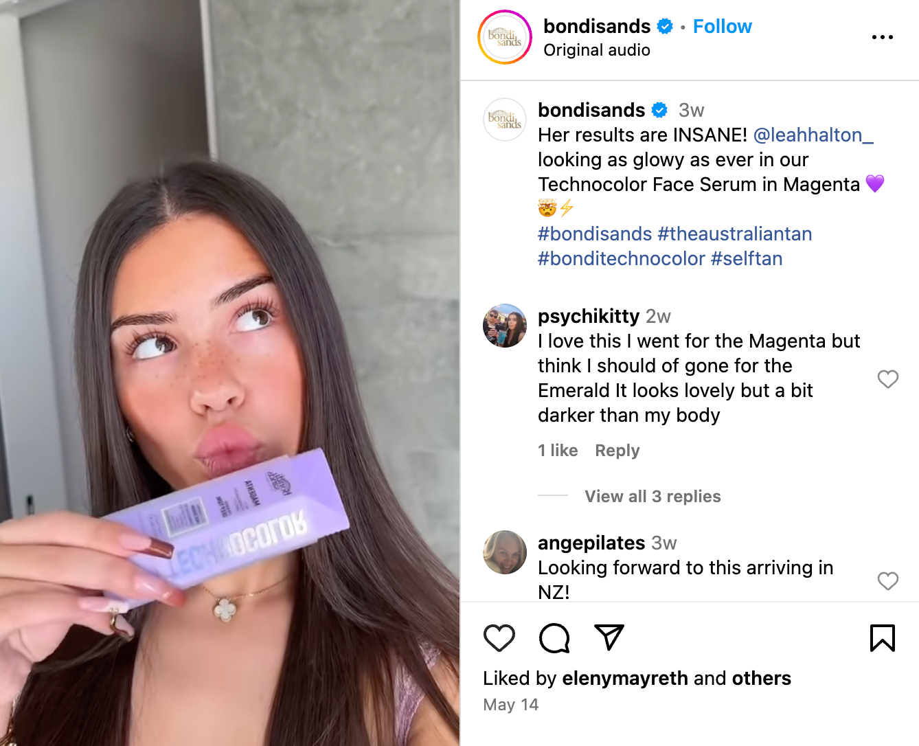 A woman holding a purple box of Bondi Sands Technocolor Self-Tanning Face Serum, a product from a successful user-generated content campaign in the beauty industry