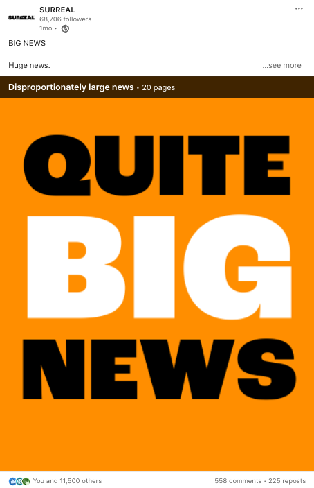 A promotional poster by the brand SURREAL, with the text 'quite big news' prominently displayed, symbolizing a significant announcement or update from the company.