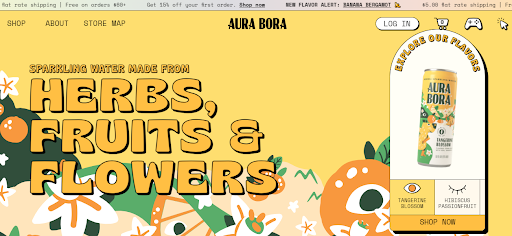 A vibrant and colorful can of Aura Bora sparkling water, made from natural herbs, fruits, and flowers, as displayed on the brand's website