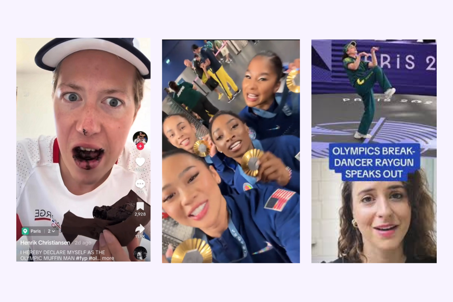 A collage of three images related to the 2024 Olympics, featuring a prominent photo of break dancer Raygun speaking out.