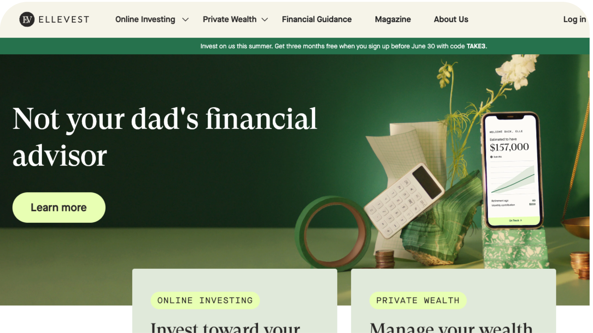 A screenshot of the Ellevest website homepage with the slogan 'Not your dad's financial advisor', indicating their focus on inclusive and diverse wealth management services.