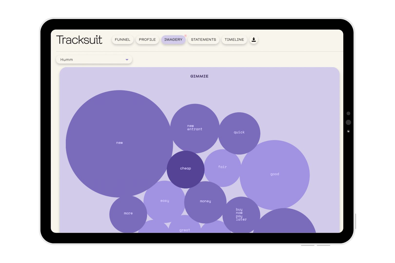 A tablet screen displaying a purple bubble chart, representing Gimmie's brand tracking data in the Buy Now Pay Later market.