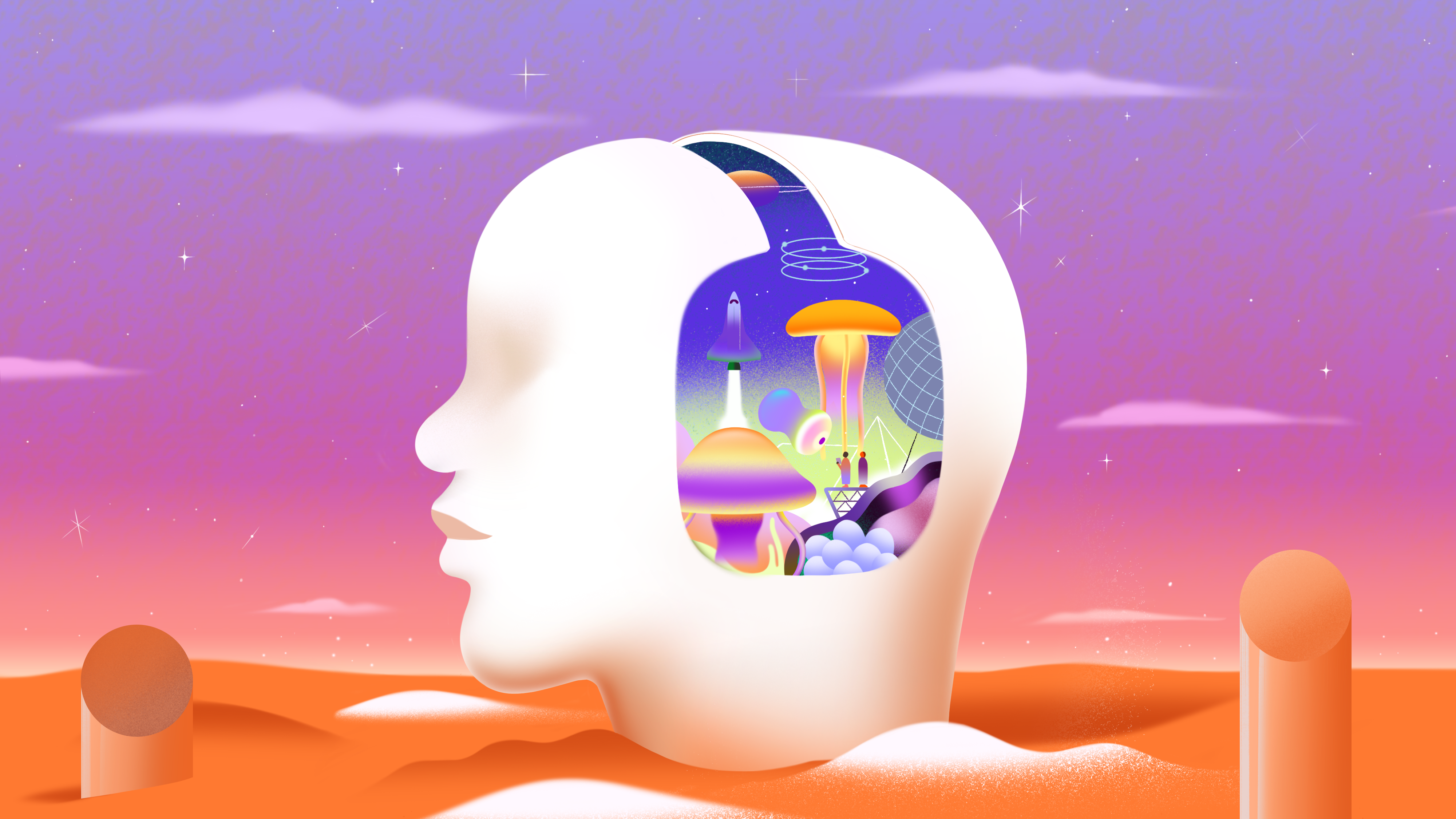Illustration of a head with a colorful, imaginative landscape inside.