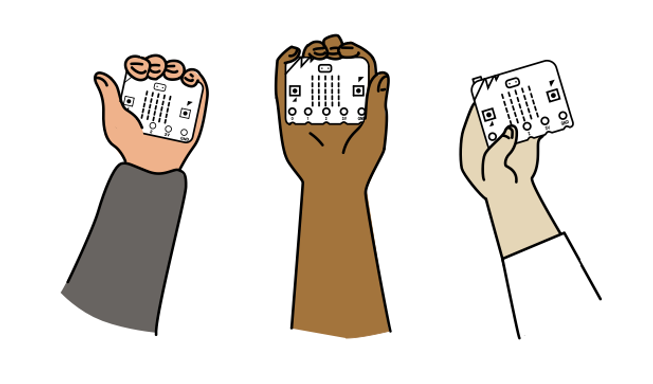 Three hands holding micro:bits