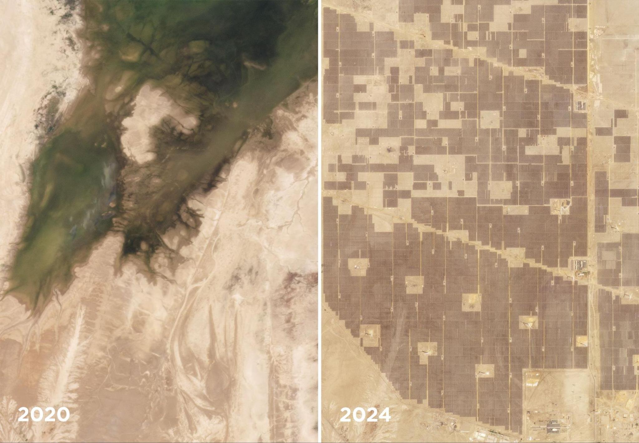 Comparable Planet satellite images of Gujarat Hybrid Renewable Energy Park in Vighakot, India from October 26, 2020 (left) to April 21, 2024 (right).